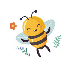 Lucky bee winner. Cartoon bee cute character in flat style.