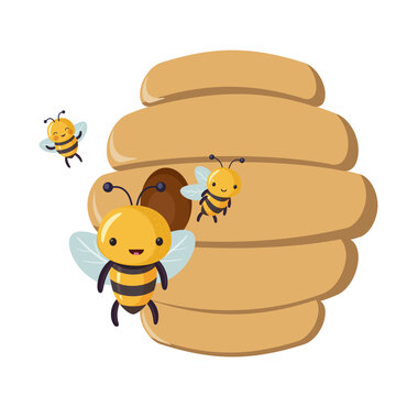 Bee hive and its inhabitants. Cartoon bee cute characters in flat style.