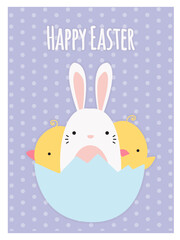 Happy Easter vector card. Bunny and chickens in an eggshell