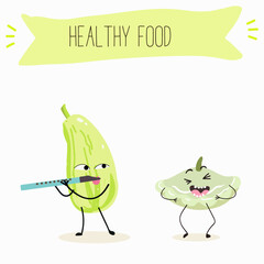 Illustration with funny characters marrow, pattypan,courgette, crop, zucchini, patisson.  Funny and healthy food. Vitamins, cute face food, ingredients, vegetarianism, vector cartoon, antioxidant.