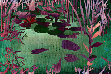 Ilustracja, grafika staw lilie wodne i rośliny rosnące nad stawem.
