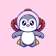 Cute penguin diving cartoon icon illustration