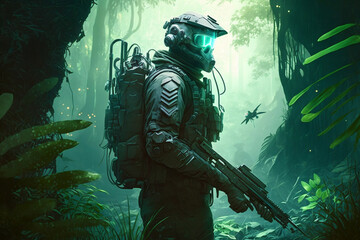 Fototapeta premium In a jungle on an alien planet, a soldier with futuristic military equipment navigates the forest, Generative Ai