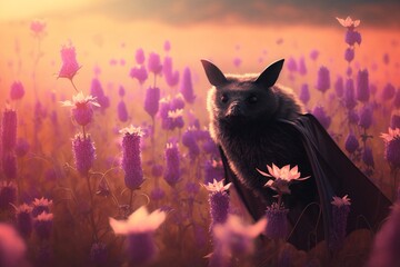 A bat in the middle of purple floral field, unique and rare sighting of wildlife generative ai
