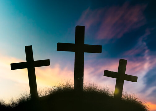 christian crosses in the sunset. background illustration. digital matte painting.