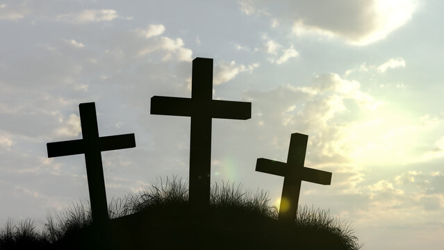 Christian crosses on the hill. background illustration, digital matte painting