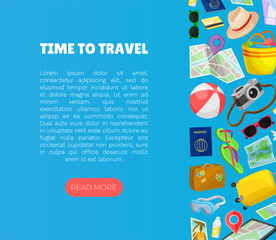 Travel Time Web Banner Design with Vacation and Trip Symbols Vector Template