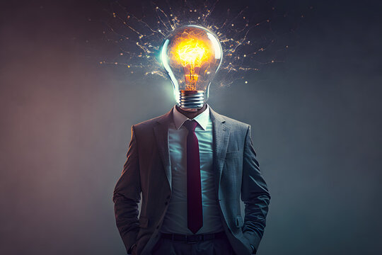 Head full of ideas sparkling lightning bolts. Hot lamp instead of a head in a business suit, the concept of smart resourceful people. Generative AI technology.