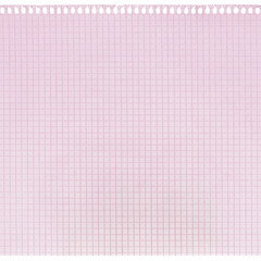 Checked spiral notebook page paper background, old aged pink chequered ring binder sheet flat lay A4 copy space, horizontal squared pattern maths notepad, torn out isolated blank empty notepaper