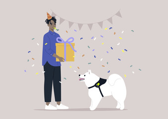 A dog owner celebrating his puppy's anniversary, a big gift box, a party hat, festive decorations