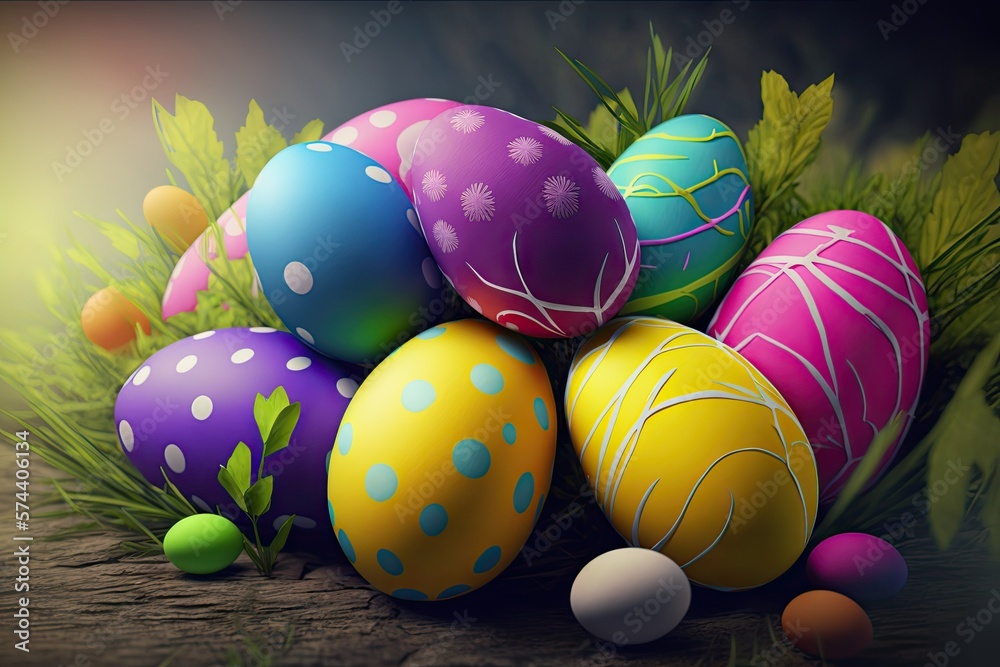 Wall mural colorful easter eggs with patterns on wallpaper background - generative ai