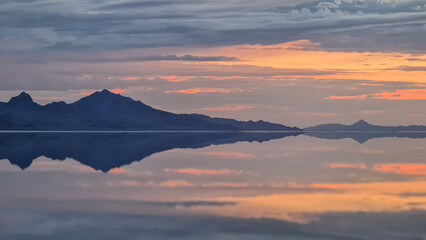 Scenic view of sharp mountain of Volcano Peak in the Silver Island Mountain range near the Bonneville Salt Flats in Wendover, Western Utah, USA, America. Barren deserted landscape near Salt Lake City