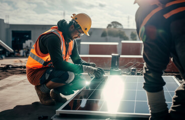 Generative AI illustration of Electrician in safety helmet, uniform and working gloves, setting a shiny new solar panel