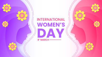 happy women's day design template with head womens silhouette and flowers. purple, pink and white. used for greeting card, background or banner