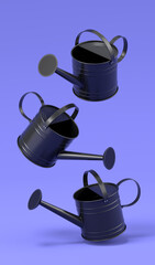 Set of watering cans on violet background. 3d render of gardening equipment tool © Vasyl Onyskiv
