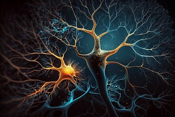 Red neuronal, neuronas conectadas, neuronas en el cerebro humano mandando impulsos y señales, generative ai. - obrazy, fototapety, plakaty