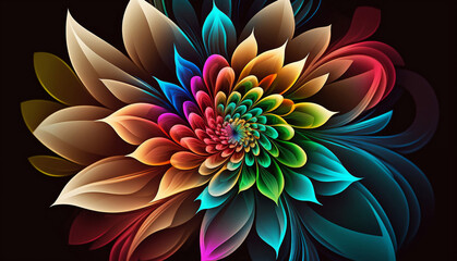 Beautiful modern colorful flower design. Flower art banner for print, creative design. Abstract flower illustration on black background. Generative AI