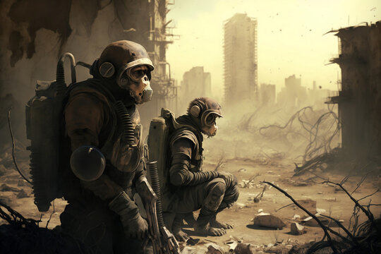 Monos con inteligencia humana, soldados supervivientes hom&iacute;nidos en paisaje postapocal&iacute;ptico, generative ai.