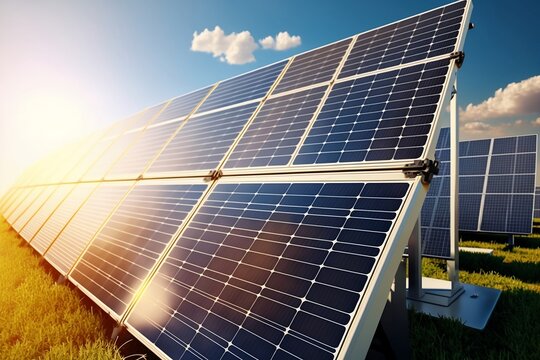 Paneles solares en el campo, en un día soleado, paneles fotovoltaicos funcionando, tecnología ecológica reciclaje y reutilización, generative ai.