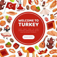 Turkey Travel Banner Design with Authentic Symbols Vector Template