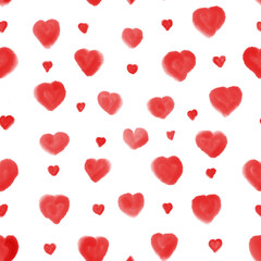 Seamless hand-painted watercolor red hearts pattern on pink background.