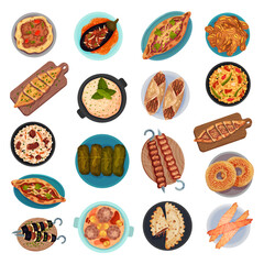 Turkish National Food Served on Plate Above View Big Vector Set