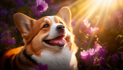 Happy smiling dog on flowers field background. Rays of sun.  Generative AI