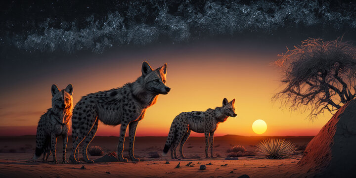 Abstrakter Surrealer Sonnenuntergang in der afrikanischen Steppe mit wilden Tieren Illustration Generative AI Digital Art Hintergrund  Reisedoku 