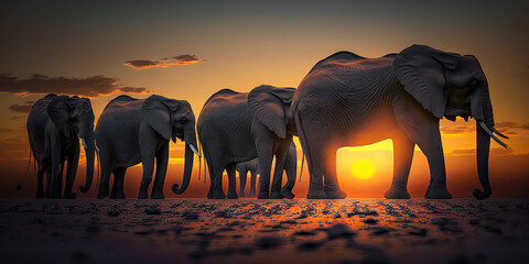 Abstrakter Surrealer Sonnenuntergang in der afrikanischen Steppe mit wilden Tieren Illustration Generative AI Digital Art Hintergrund  Reisedoku 