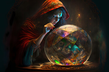 Young magnificent fortune teller woman reading future on magical crystal ball with copy space. Generation AI