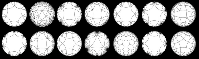 Non-Euclidean Geometrical Hyperbolic Tiling Set - Visualization of Klein Model Tessellation Types 
