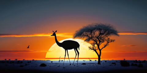 Naklejka na ściany i meble Abstrakter Surrealer Sonnenuntergang in der afrikanischen Steppe mit wilden Tieren Illustration Generative AI Digital Art Hintergrund Reisedoku 