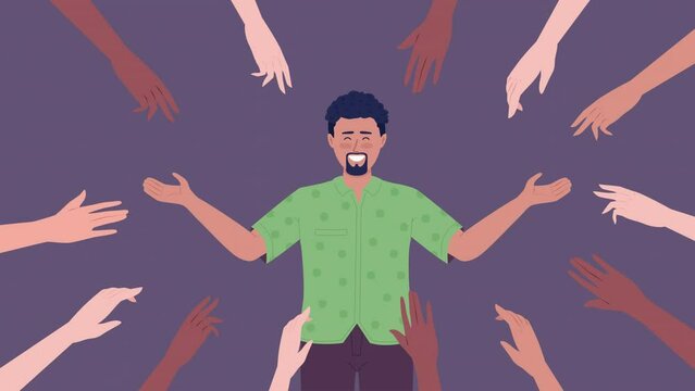 Animated online platform management. Successful blogger, vlogger. 4K video explainer with flat 2D characters. Color motion graphic animation with alpha channel transparency for advertising, marketing