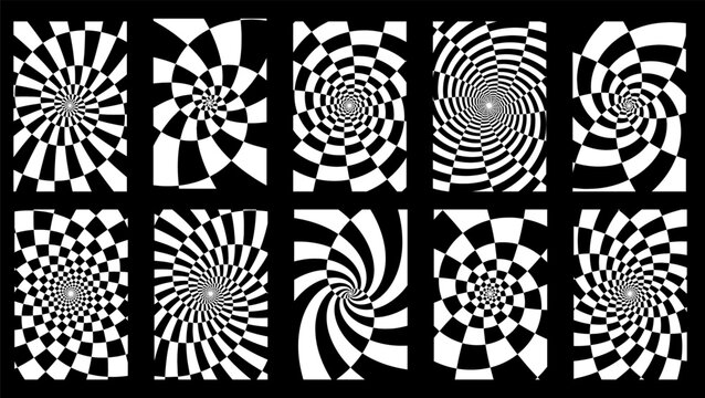 Set of Opart Logarithmic Black and White Spirals Patterns - Vector Checkered Twisted Wavy Backgrounds
