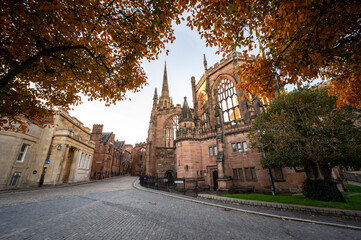 Town houses in a row adjacent to Coventry Cathedral in England, UK