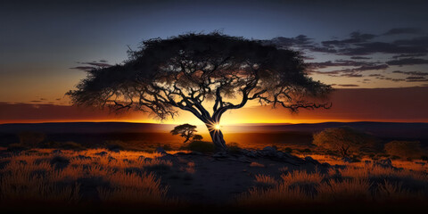 Obraz na płótnie Canvas Abstrakter Surrealer Sonnenuntergang in der afrikanischen Steppe mit wilden Tieren Illustration Generative AI Digital Art Hintergrund Reisedoku 