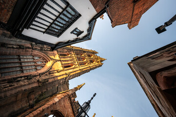 Beautiful old timbered building and cathedral  in the historic city of Coventry in the West Midlands, England.