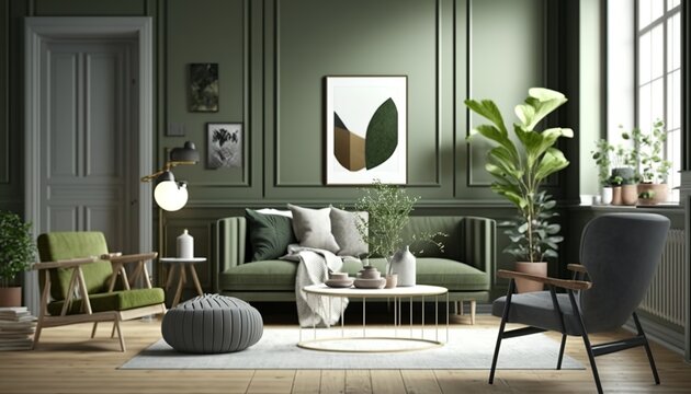 Bright scandinavian interior style olive color living room with sofa, armchair and coffee table, Generative AI