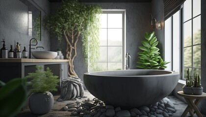 Scandinavian style bathroom interior with charcoal color bathtub, towel and big window Generative AI