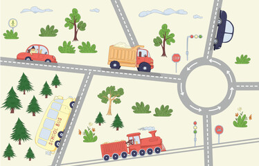 Vector Cars on Road Illustration with Traffic Light, Truck, Taxi, Train, School Bus, Bushes, Clouds and Sun, Cute Children's Illustration.