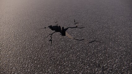 destroyed asphalt earthquake, hole digital illustration, abstract broken wall, cracked concrete broken 3d render