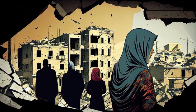 Refugees, view from the back, looking at damaged homes. People in front of destroyed home buildings because of earthquake or war missile strike. Refugees, war and economy crisis.