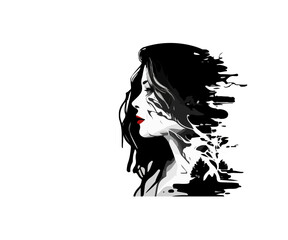 Black silhouette of a girl's head with flying hair on a white background. Vector illustration of a female profile with red lips