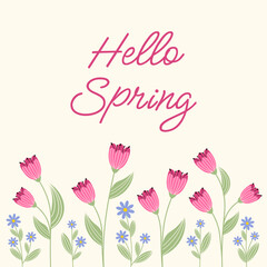 Template for a banner, postcard, poster, cover with the words hello spring. Vector design with pink flowers