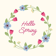 The inscription hello spring in a floral circular frame. Template for printing postcards, flyers, posters