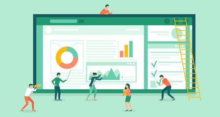 Business school or courses, project results meeting. Corporate training for professional employees, teamwork. Business management education, lecture. Mentor or team leader presents graphs and reports