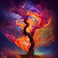 Colourful magic tree in a forest, created with AI generative tools 