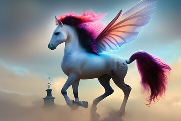 Fototapeta na wymiar white horse with fairy wings, in the sky