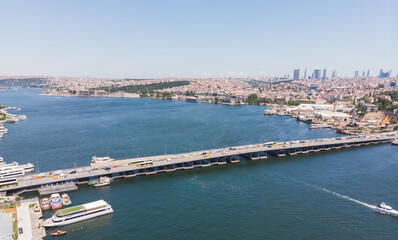 Top view of the city of Istanbul and the Bosphorus, in the foreground a bridge, on a warm summer day