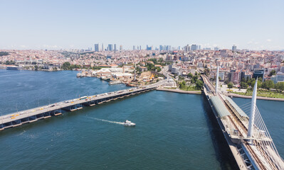 Obraz na płótnie Canvas Top view of the city of Istanbul and the Bosphorus, in the foreground a bridge, on a warm summer day
